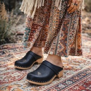 Swedish Hasbeens Black Leather Clogs